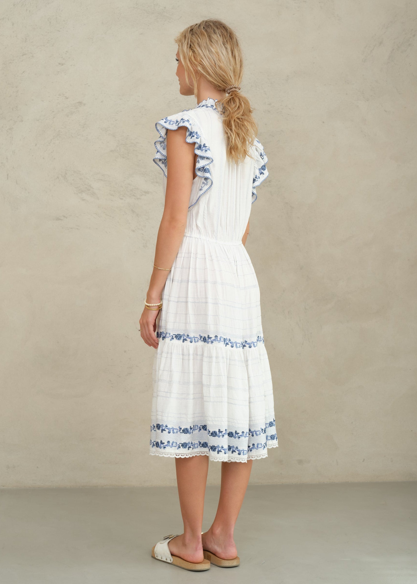 Halle Frill Dress - Ecru/Blue