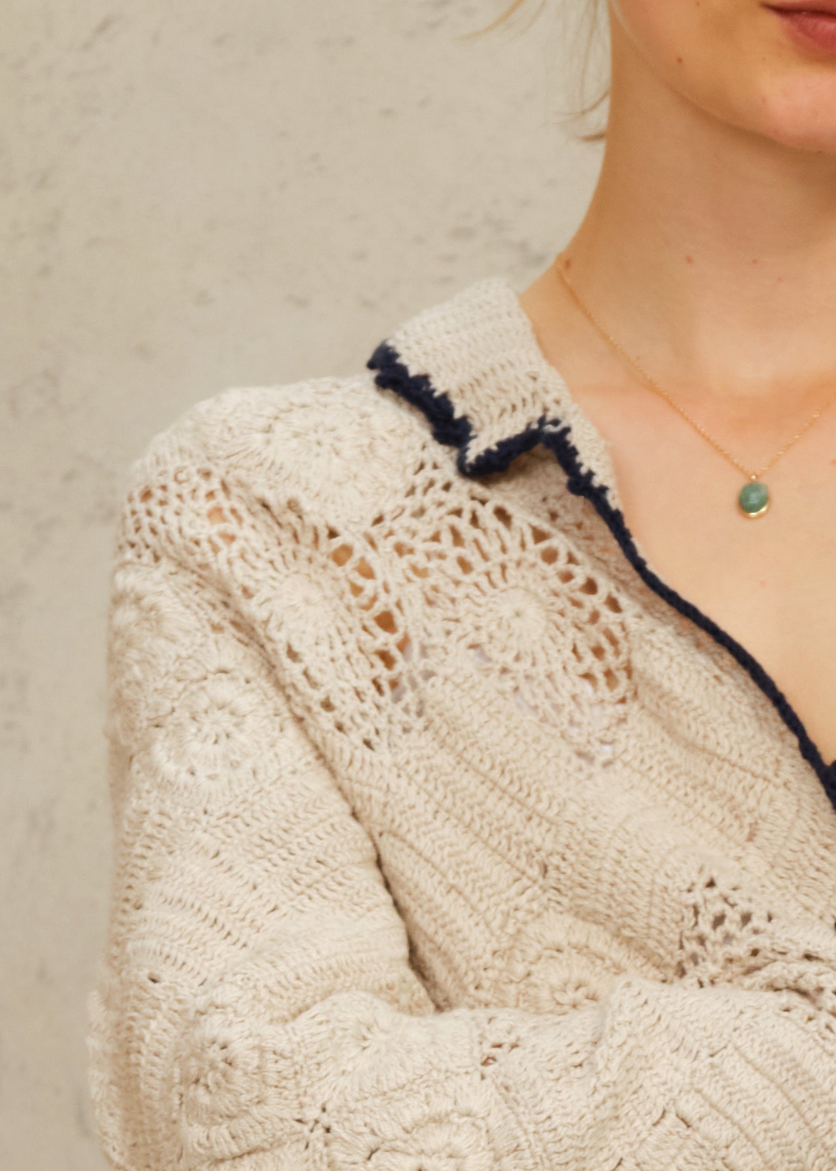 Martha Crochet Jacket - Ecru/Blue