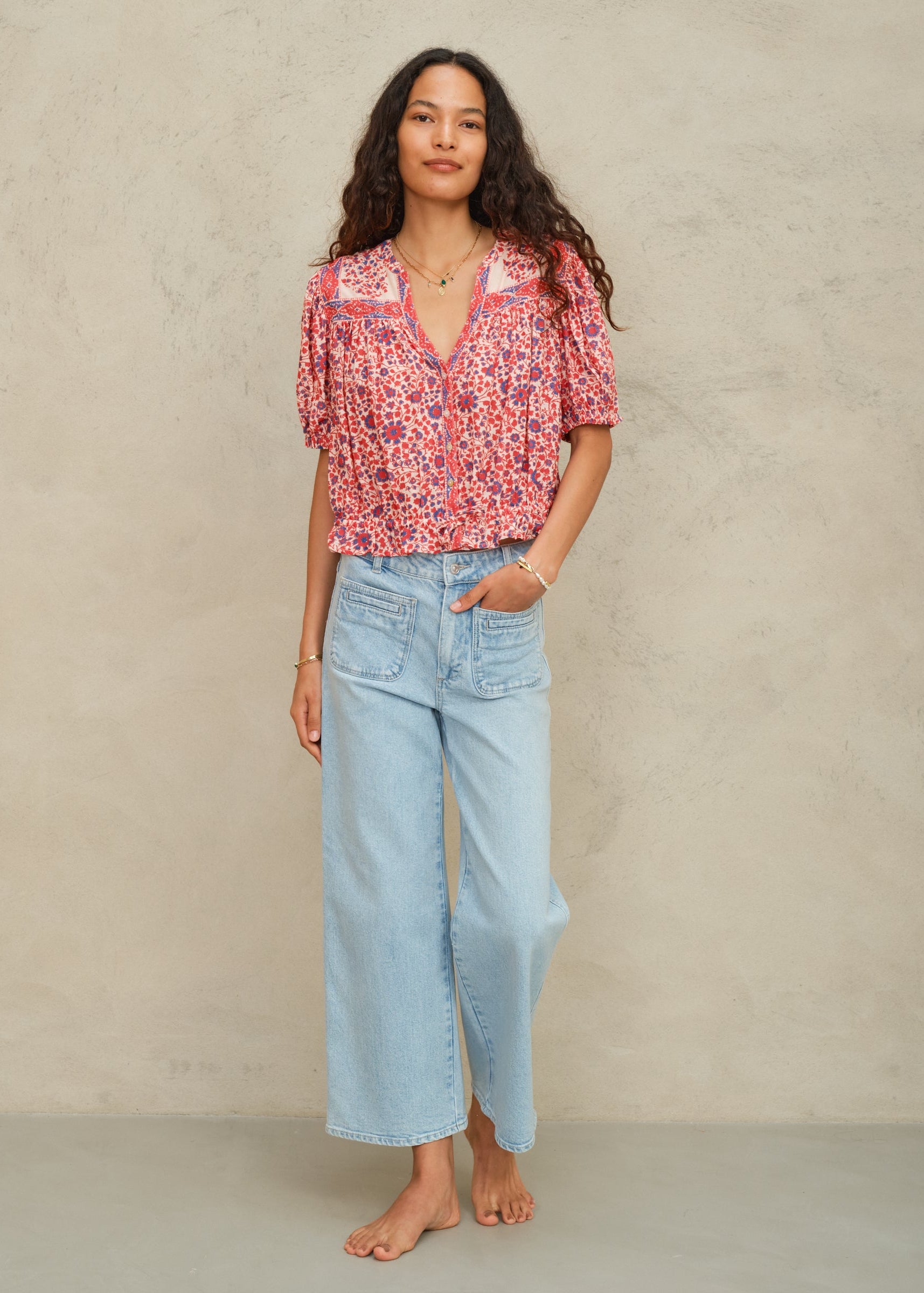 Della Short Sleeve Top - Red/Navy