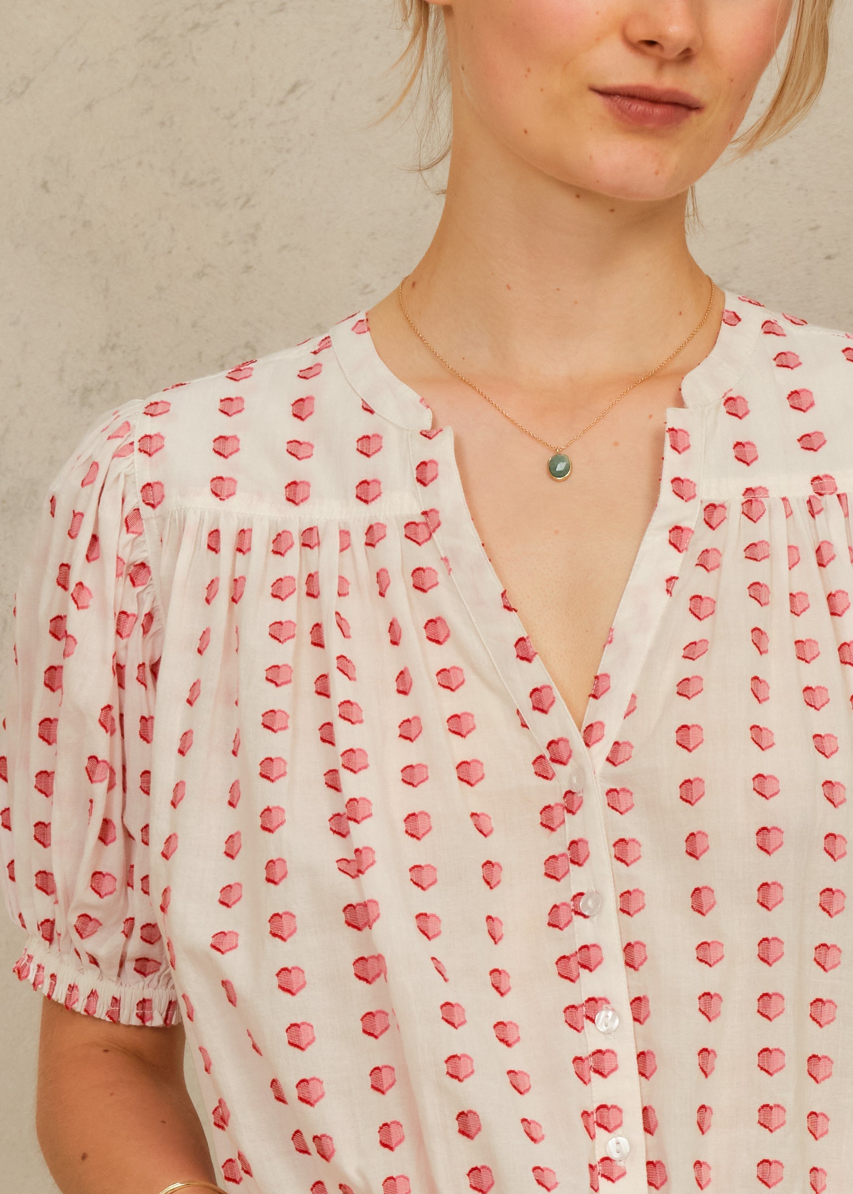 Karla Gathered Top - Ecru/Red