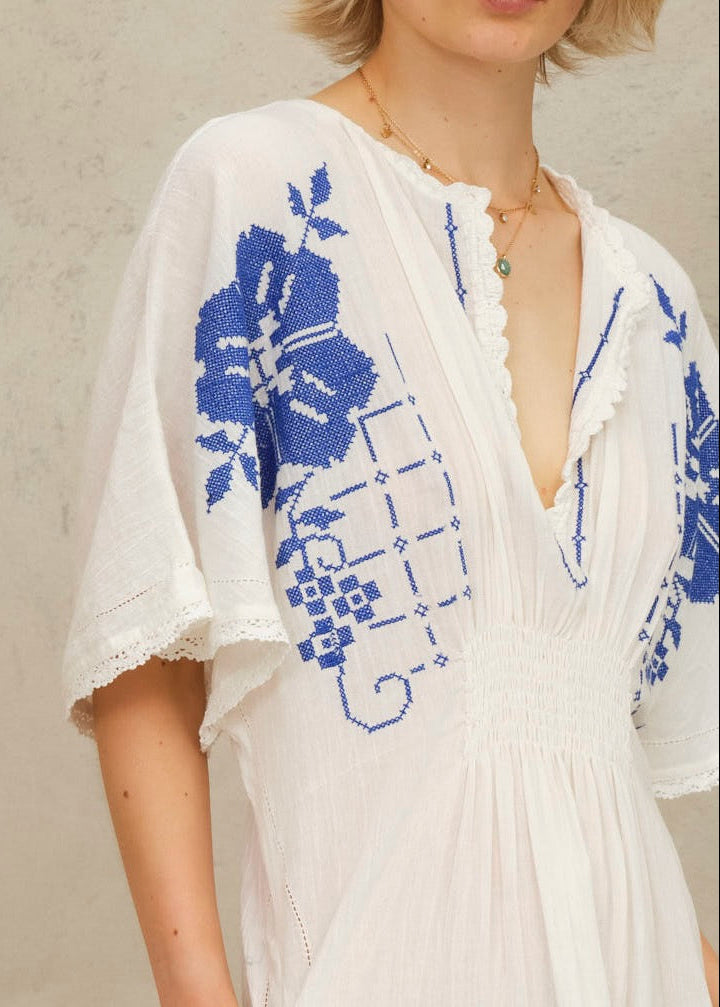 Laney Dress - Ivory/Blue