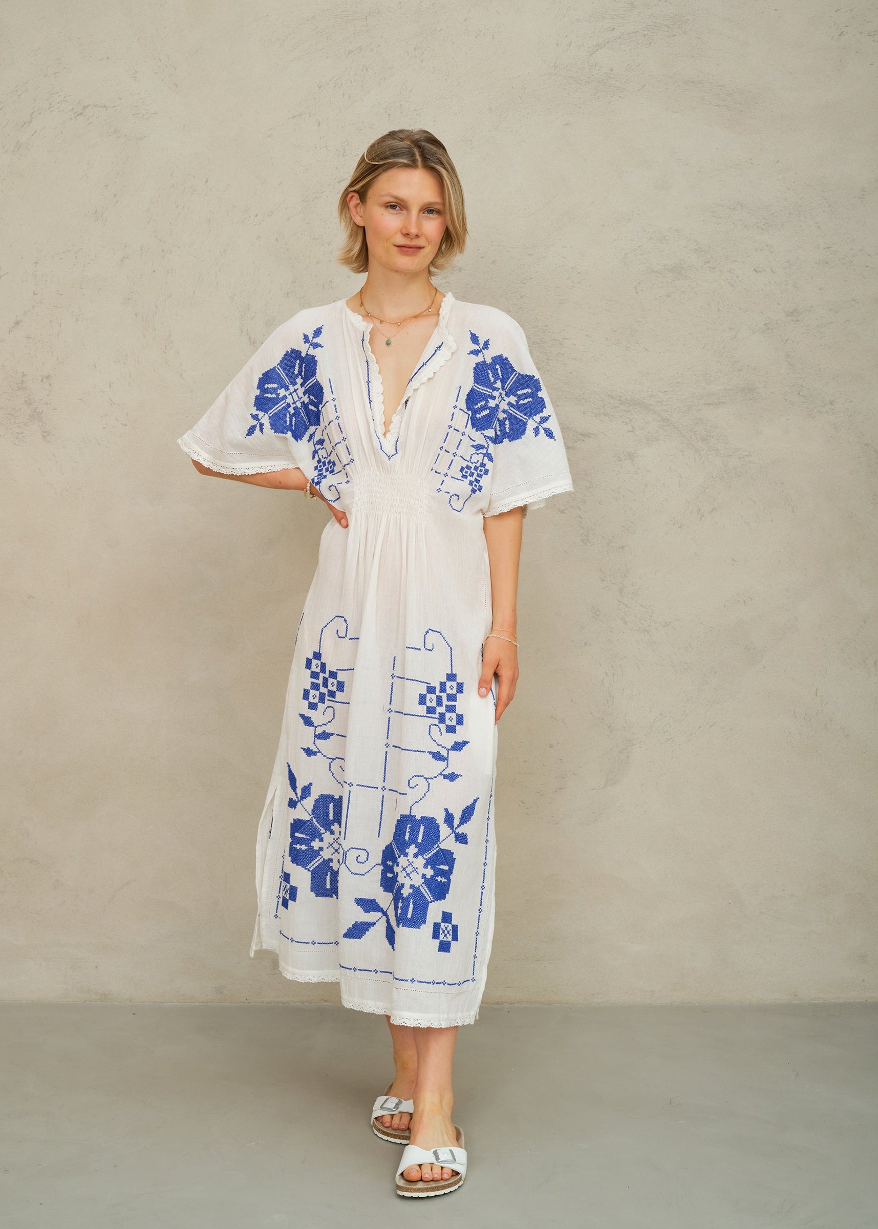 Laney Dress - Ivory/Blue