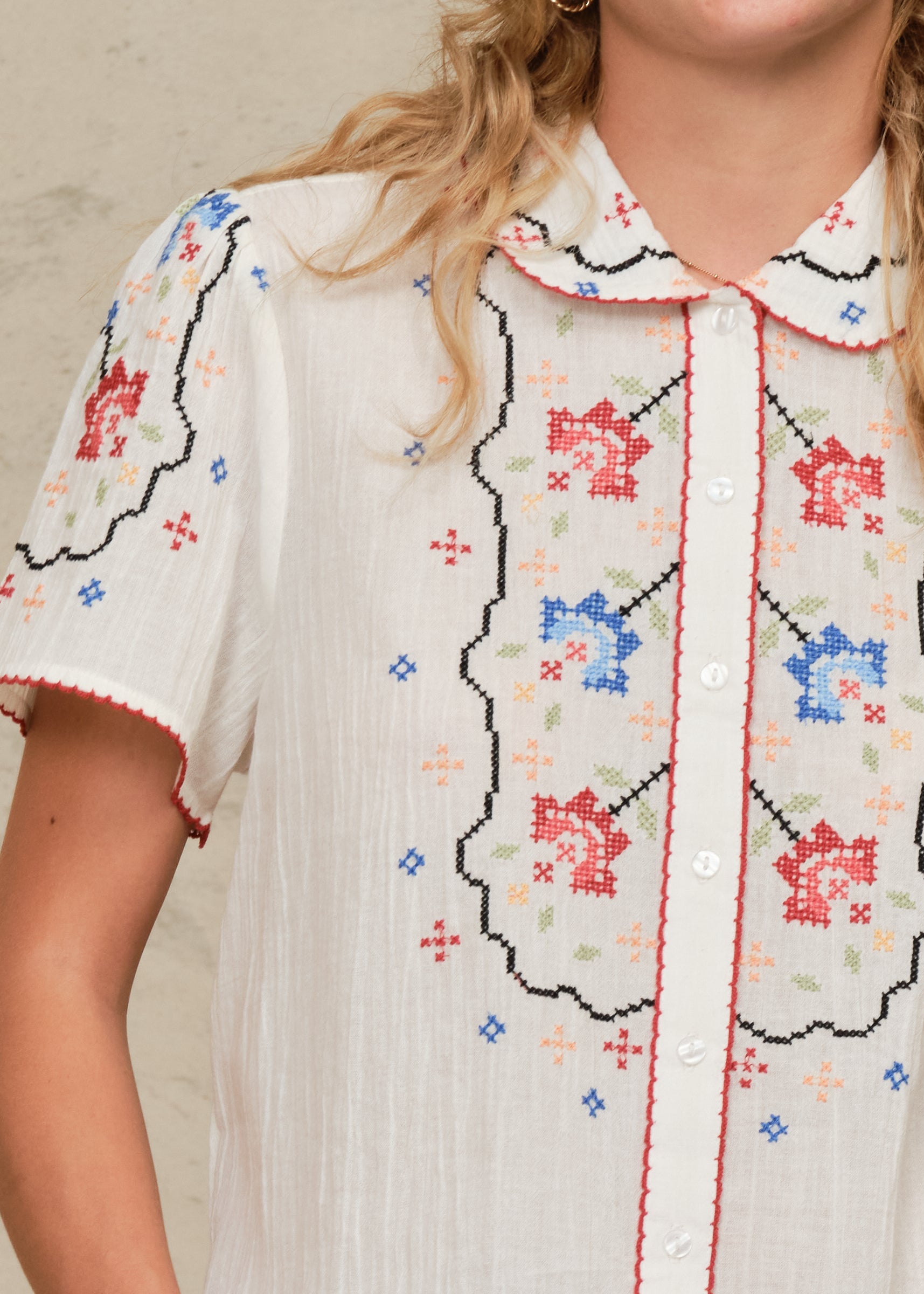 Ruby Short Sleeve Top - Ecru/Multi