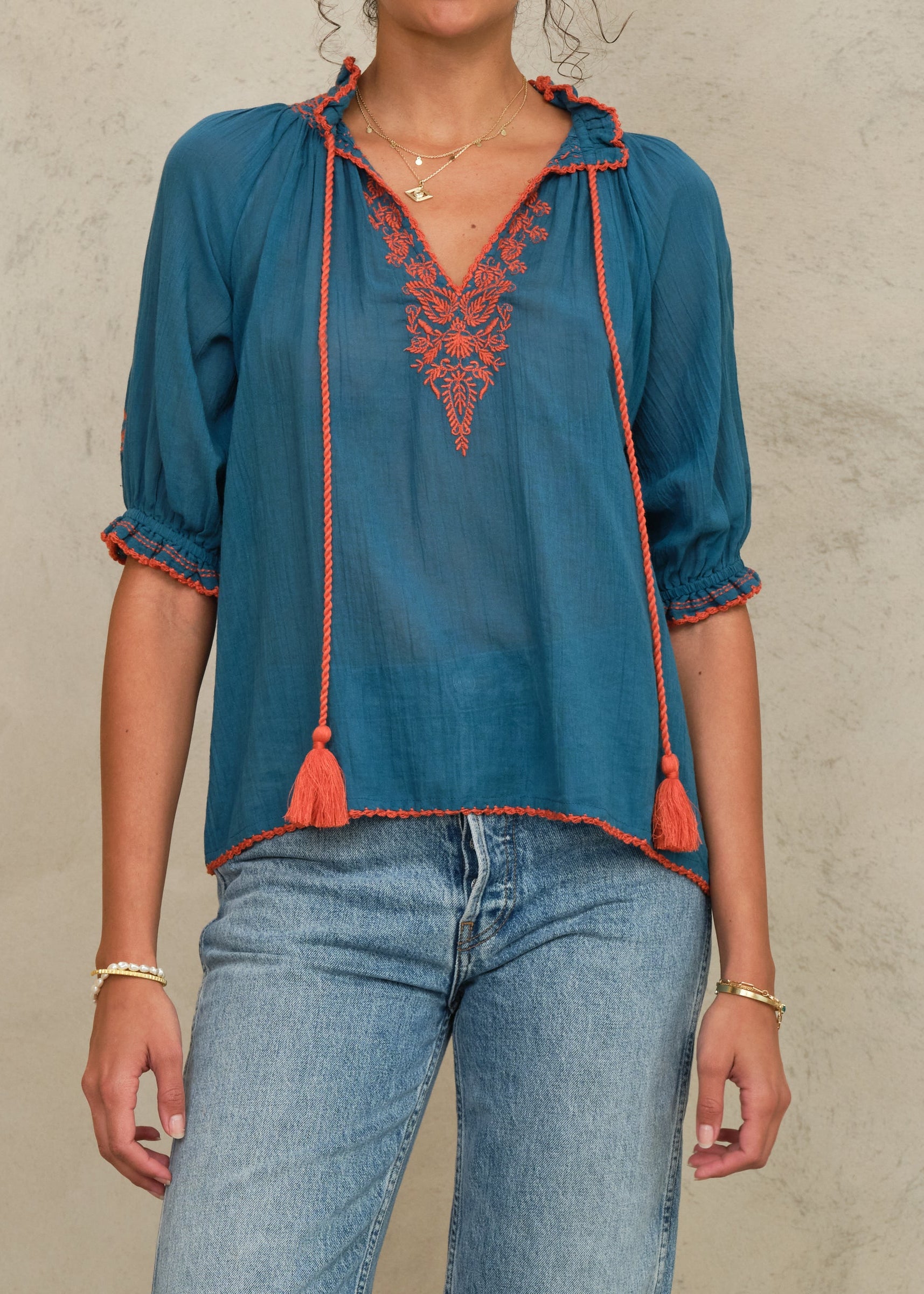 Talia Short Sleeve Top -  Blue/Orange